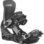 Salomon District Pro Team Snowboard Bindings - A pair of black snowboard bindings with silver buckles and straps, featuring a geometric pattern on the strap.