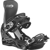 Salomon District Pro Team Snowboard Bindings - A pair of black snowboard bindings with silver buckles and straps, featuring a geometric pattern on the strap.