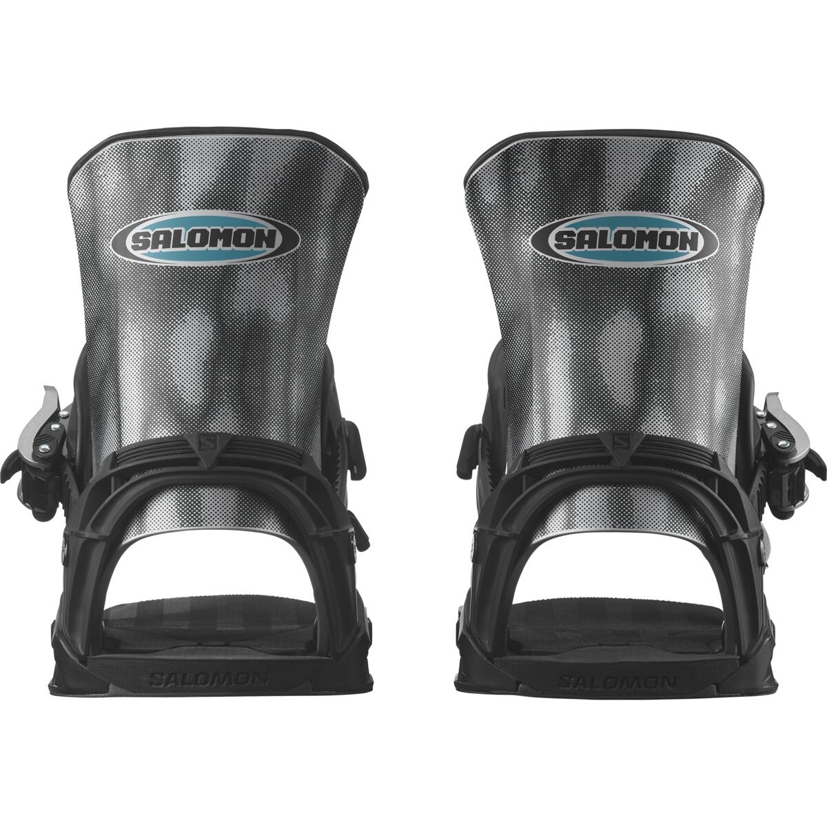 Salomon District Pro Team Snowboard Bindings 2025 - A pair of black snowboard bindings with a blue oval logo featuring the word "SALOMON" in white letters.