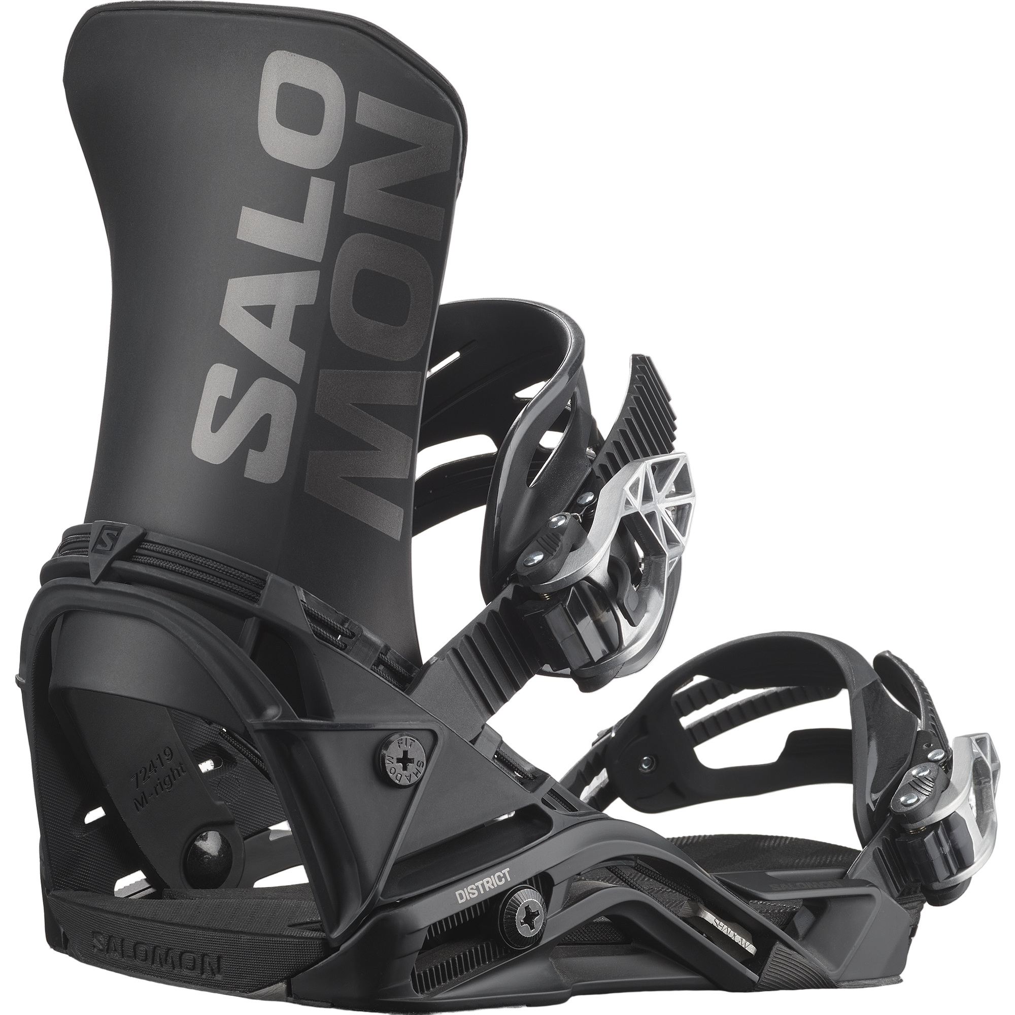 Salomon District Snowboard Bindings - Black bindings with silver buckles, featuring a sleek design and adjustable straps.