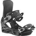 Salomon District Snowboard Bindings - A pair of black snowboard bindings with silver buckles and straps, featuring a textured pattern on the footbed.