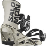 Salomon District Snowboard Bindings 2025 - A pair of white snowboard bindings with black straps and buckles, featuring a geometric pattern on the buckles.