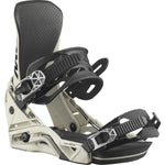 Salomon District Snowboard Bindings 2025 - A pair of black and white snowboard bindings with a textured, rubber-like material on the footbeds.