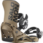 Salomon District Snowboard Bindings 2025 - A pair of tan snowboard bindings with black straps and buckles, featuring a geometric pattern on the buckles.