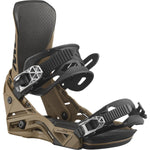 Salomon District Snowboard Bindings 2025 - A pair of tan snowboard bindings with black straps and buckles, featuring a geometric pattern on the side.