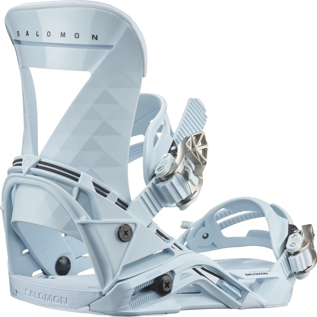 Salomon Women's Mirage Snowboard Bindings 2025 - A pair of light blue snowboard bindings with silver buckles and black straps.