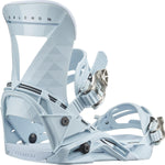 Salomon Women's Mirage Snowboard Bindings 2025 - A pair of light blue snowboard bindings with silver buckles and black straps.
