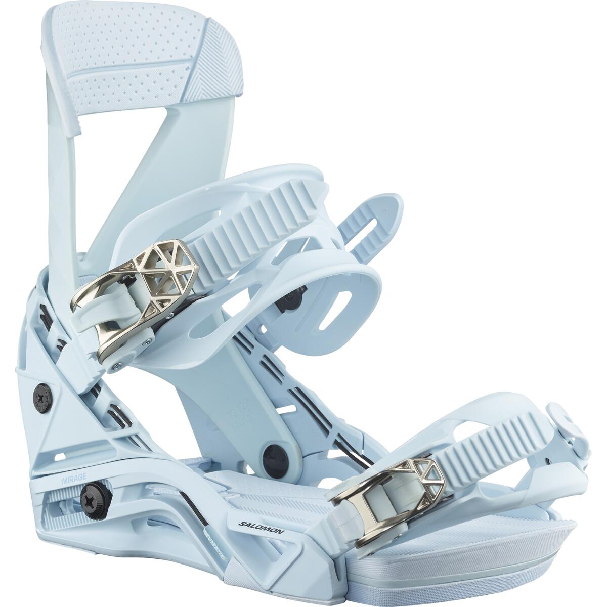 Salomon Women's Mirage Snowboard Bindings 2025 - A pair of light blue snowboard bindings with silver buckles and black screws, viewed from the front at an angle.