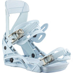 Salomon Women's Mirage Snowboard Bindings 2025 - A pair of light blue snowboard bindings with silver buckles and black screws, viewed from the front at an angle.