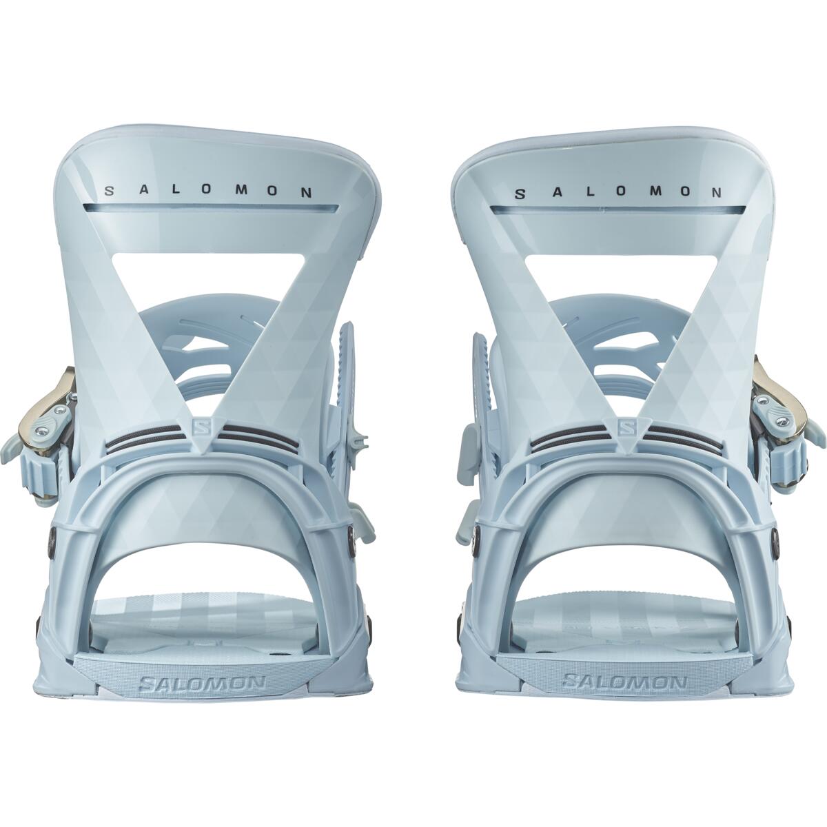 Salomon Women's Mirage Snowboard Bindings 2025 - A pair of light blue snowboard bindings with a geometric pattern on the straps and a silver buckle.