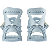 Salomon Women's Mirage Snowboard Bindings 2025 - A pair of light blue snowboard bindings with a geometric pattern on the straps and a silver buckle.