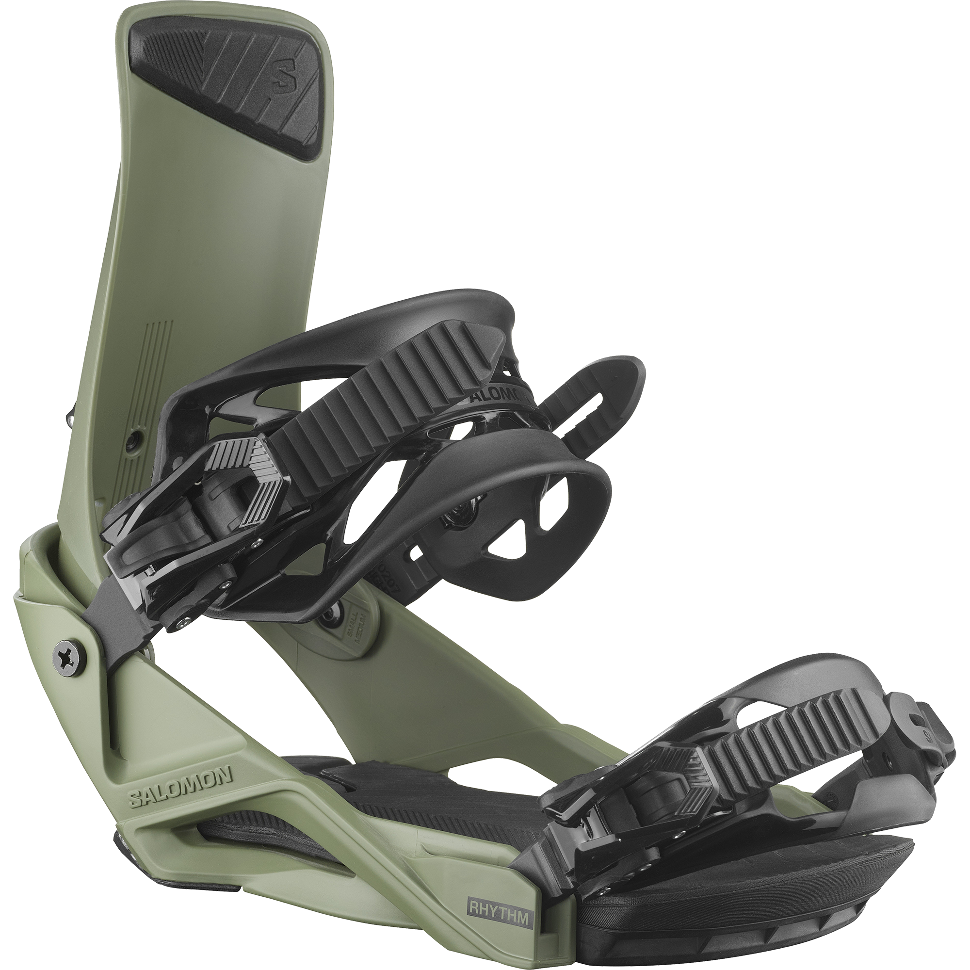 Salomon Rhythm Snowboard Bindings - 2026 model bindings with black straps and buckles on a light green base plate.
