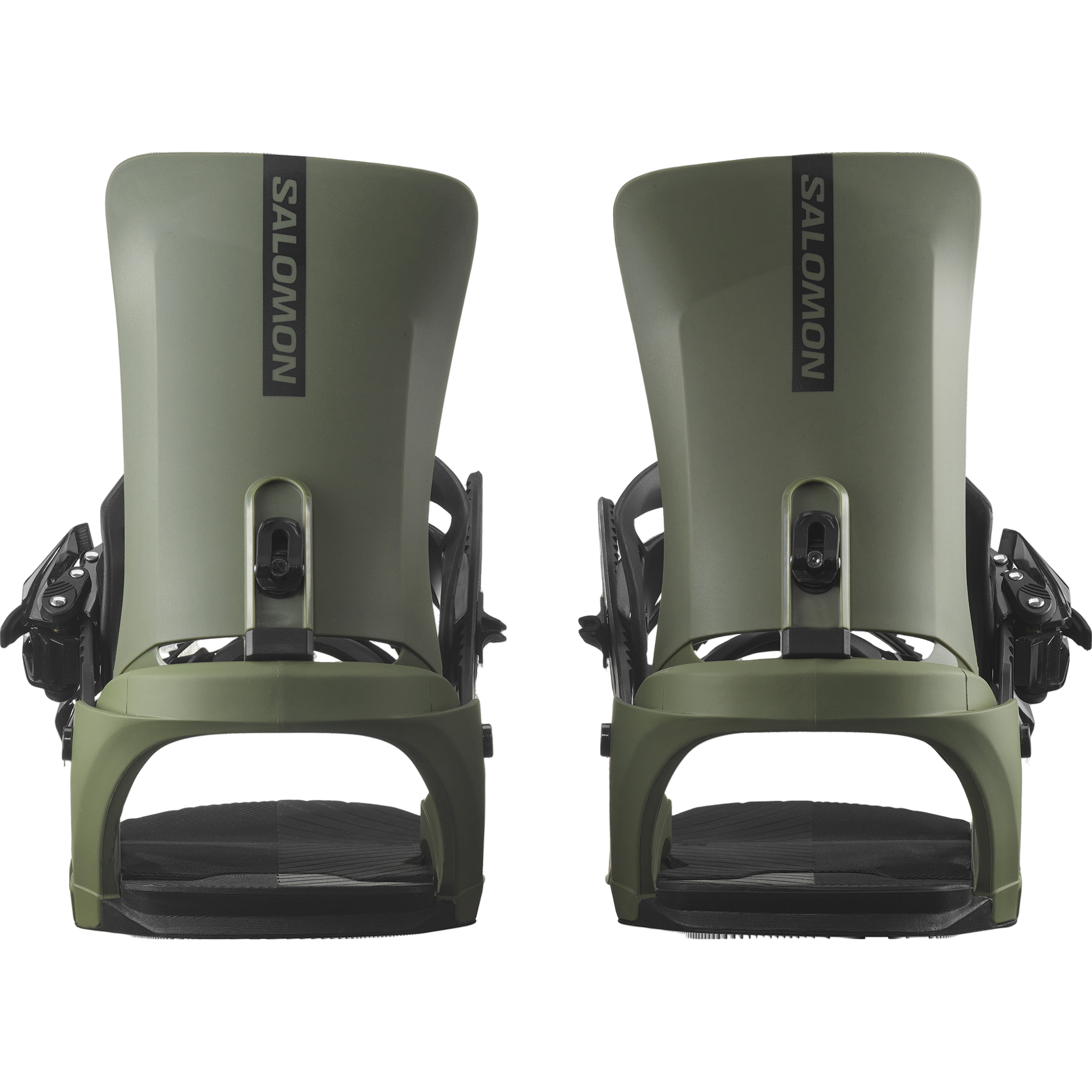 Salomon Rhythm Snowboard Bindings - A pair of olive green snowboard bindings with black buckles and straps.