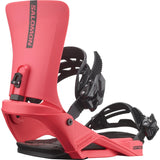 Salomon Rhythm Snowboard Bindings - A pair of red snowboard bindings with black buckles and straps.