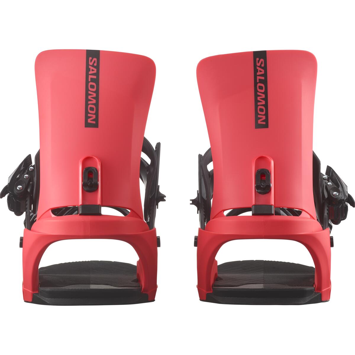 Salomon Rhythm Snowboard Bindings 2025 - A pair of red snowboard bindings with black buckles and straps.