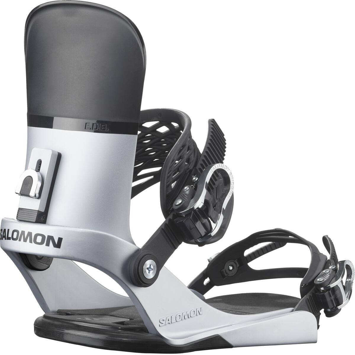 Salomon EDB Snowboard Binding - A silver snowboard binding with a black strap and buckle, featuring a textured pattern on the baseplate.