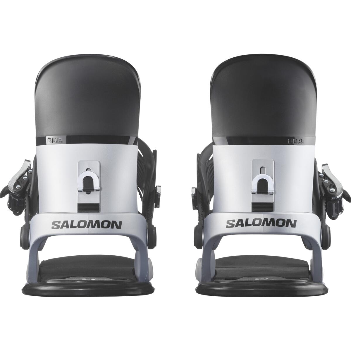 Salomon EDB Snowboard Binding - A pair of black snowboard bindings with silver buckles and straps, featuring a sleek design with a prominent "EDB" logo on the top strap.