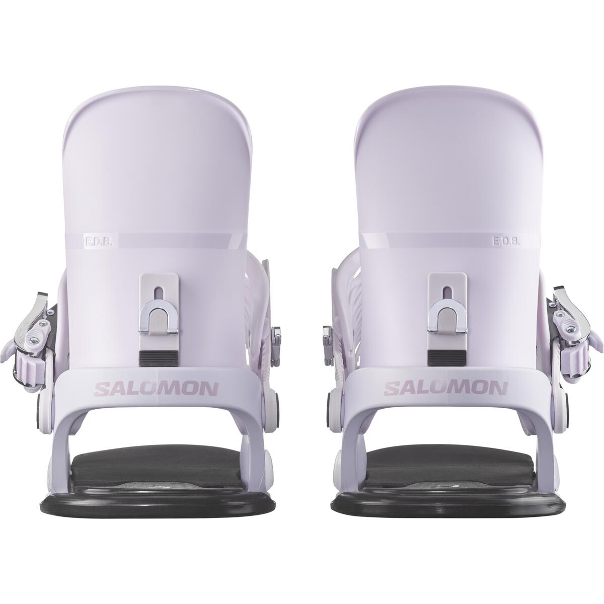 Salomon EDB Snowboard Binding - A pair of snowboard bindings with a sleek, modern design and silver buckles.