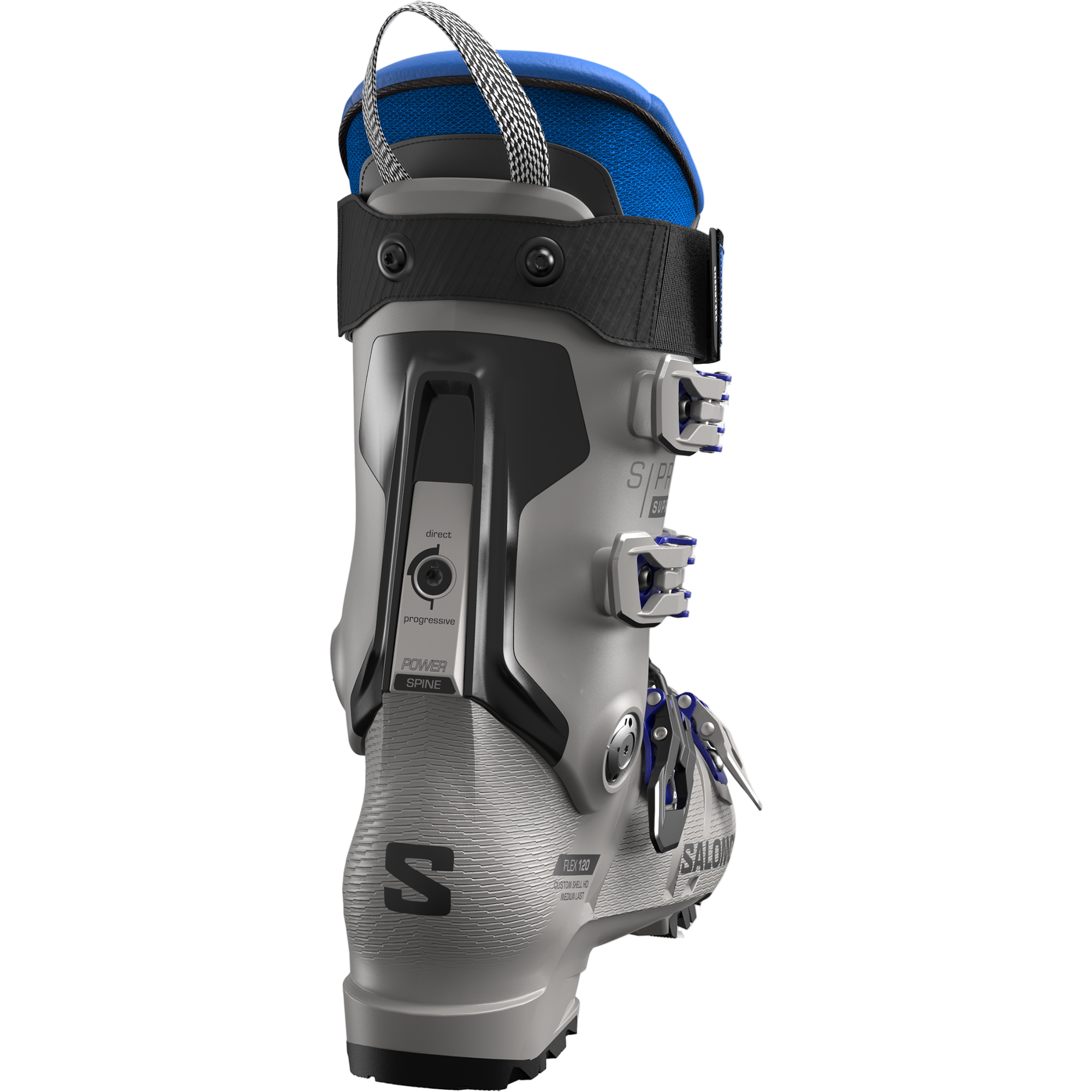 Salomon S/Pro Supra 120 Ski Boots 2026 - A gray ski boot with a blue top and black strap.
