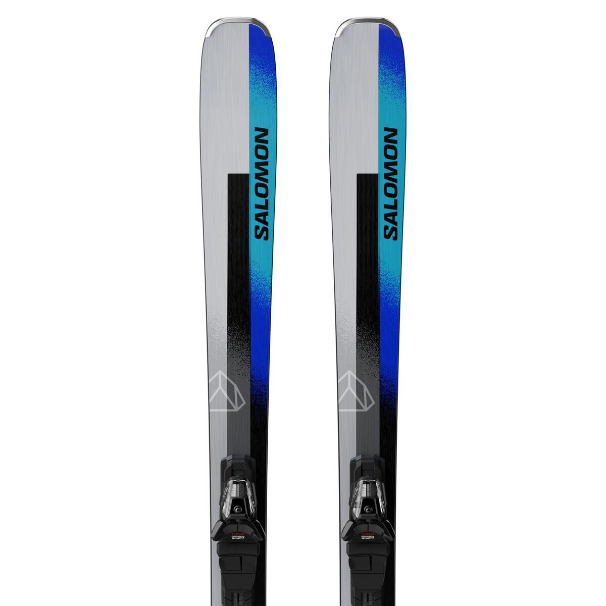 Salomon Stance 80 Skis with M11 GW Bindings - White skis with blue and black accents, featuring a textured pattern on the top sheet.