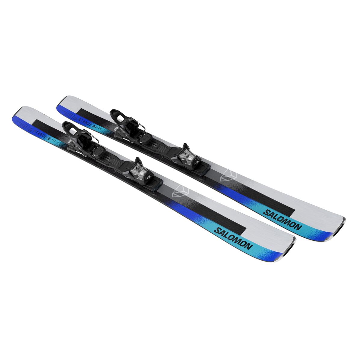 Salomon Stance 80 Skis with M11 GW Bindings - White skis with blue and black accents, featuring a textured surface and a black binding system.