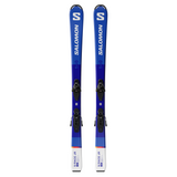 Salomon S/Race Junior Skis with L6 Bindings 2026 - Blue skis with white lettering and black bindings.