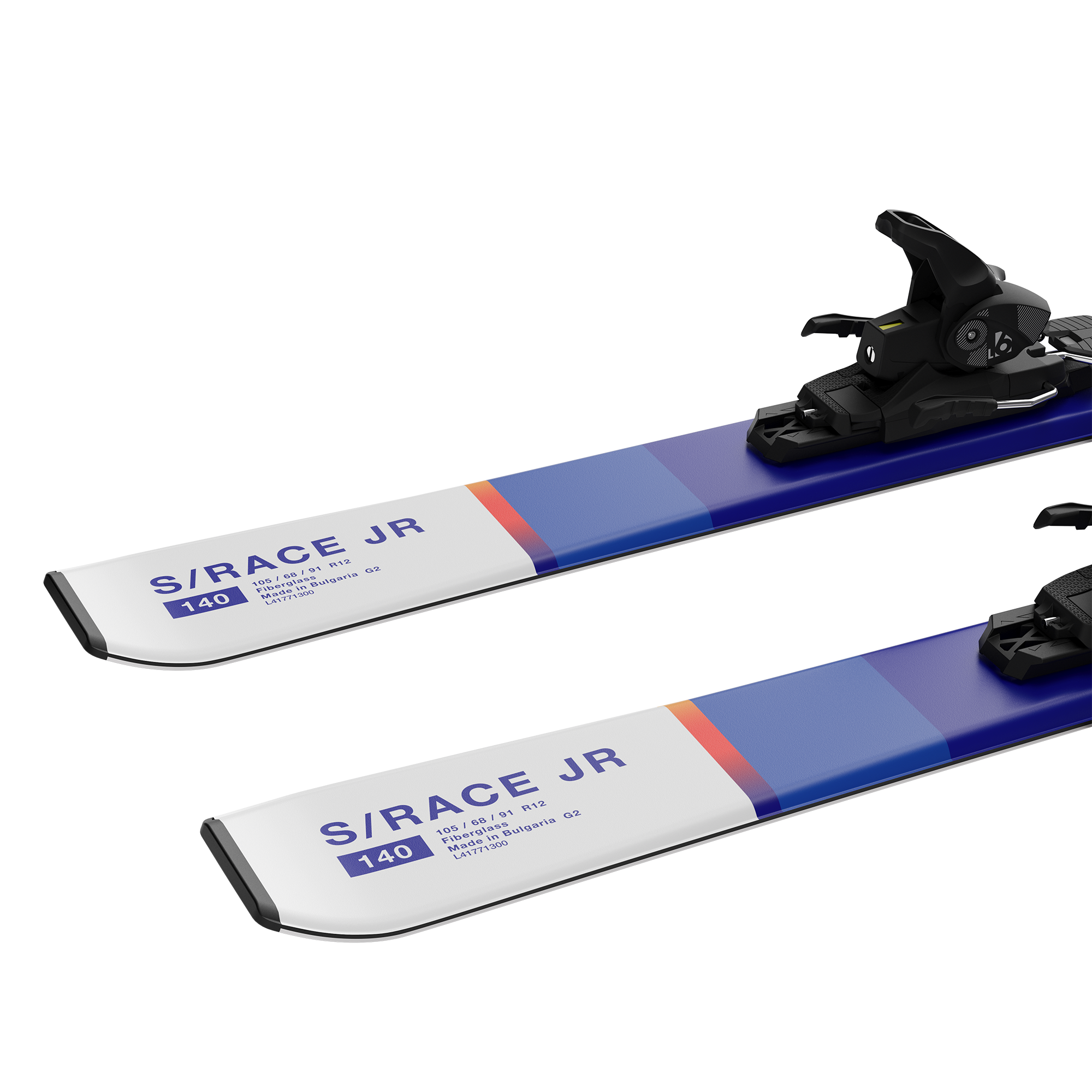 Salomon S/Race Junior Skis with L6 Bindings 2026 - White skis with blue and orange stripes, featuring a black binding on top.