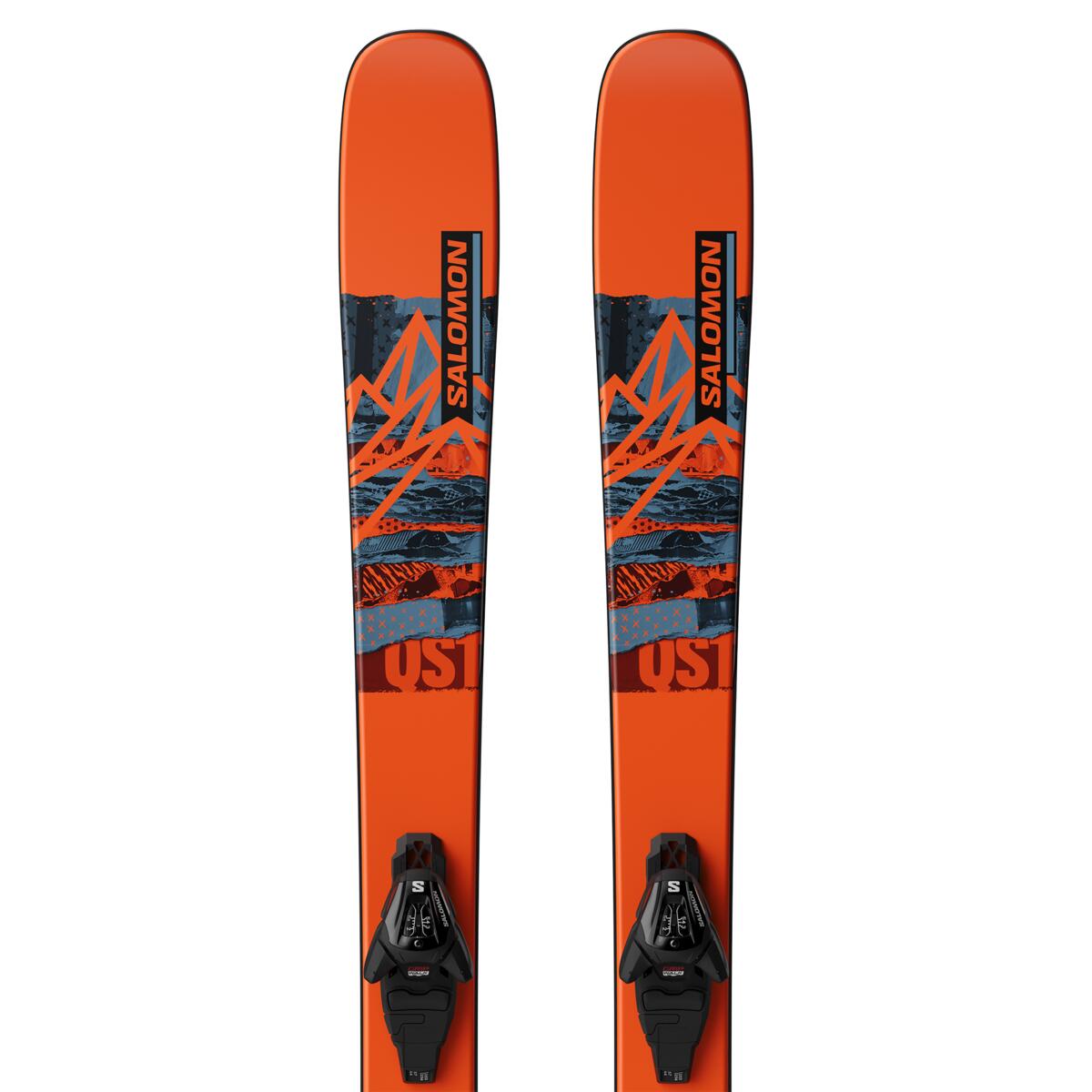 Salomon QST Spark Junior Skis with L6 GW Bindings 2025 - A pair of orange skis with a blue and black graphic design featuring mountains, trees, and snowflakes.