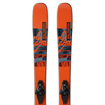 Salomon QST Spark Junior Skis with L6 GW Bindings 2025 - A pair of orange skis with a blue and black graphic design featuring mountains, trees, and snowflakes.
