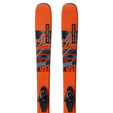 Salomon QST Spark Junior Skis with L6 GW Bindings 2025 - A pair of orange skis with a blue and black graphic design featuring mountains, trees, and snowflakes.