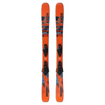 Salomon QST Spark Junior Skis with L6 GW Bindings 2025 - A pair of orange skis with a blue and black graphic design featuring mountains, trees, and snowflakes.