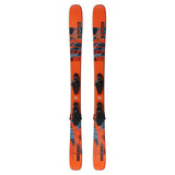 Salomon QST Spark Junior Skis with L6 GW Bindings 2025 - A pair of orange skis with a blue and black graphic design featuring mountains, trees, and snowflakes.