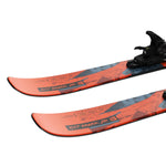 Salomon QST Spark Junior Skis with L6 GW Bindings 2025 - A pair of skis with a red base and black tops, featuring a distinctive pattern of blue lines and shapes.