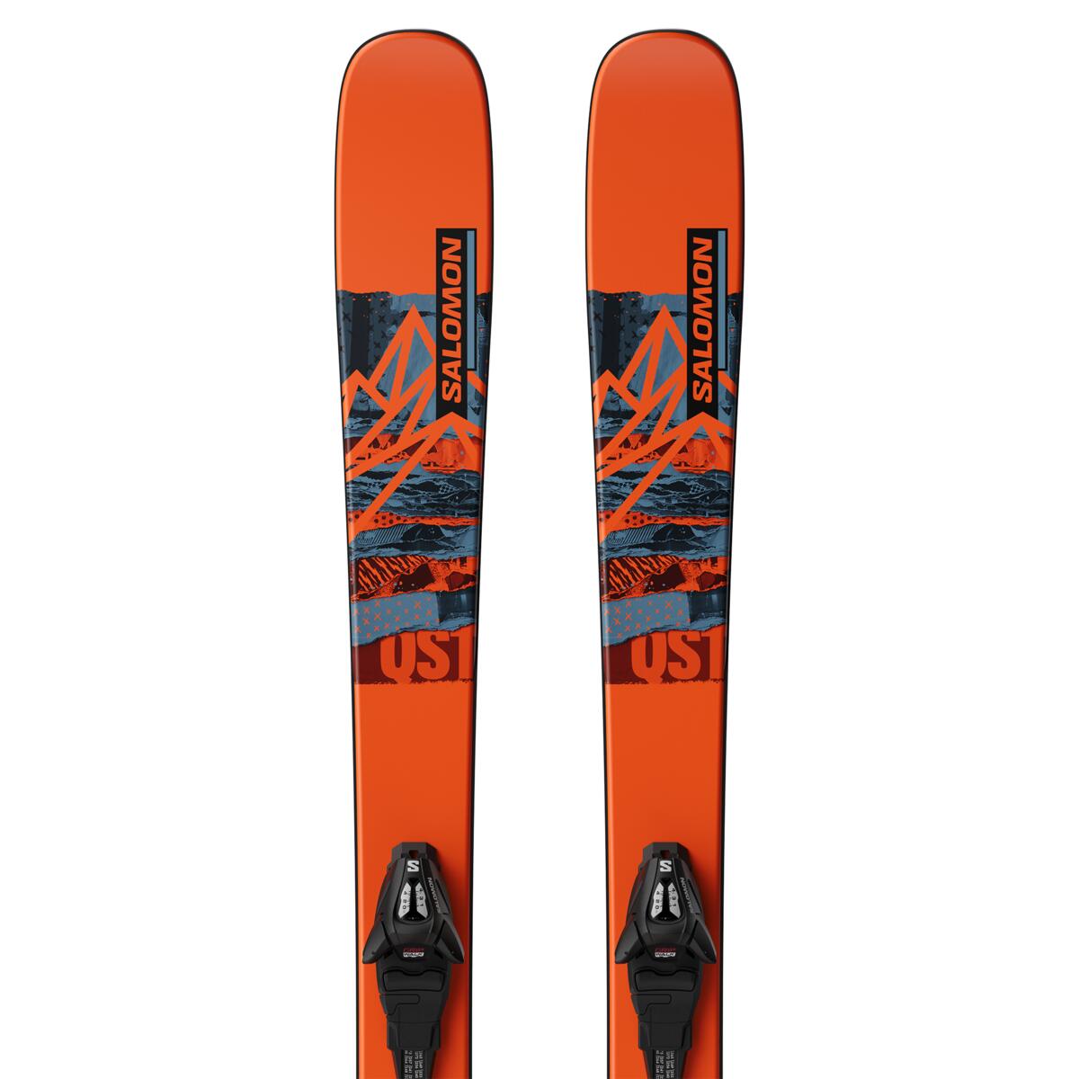 Salomon QST Spark Junior Skis with C5 GW Bindings 2025 - A pair of orange skis with a blue and black graphic design featuring mountains, trees, and snowflakes.