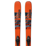 Salomon QST Spark Junior Skis with C5 GW Bindings 2025 - A pair of orange skis with a blue and black graphic design featuring mountains, trees, and snowflakes.