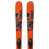Salomon QST Spark Junior Skis with C5 GW Bindings 2025 - A pair of orange skis with a blue and black graphic design featuring mountains, trees, and snowflakes.