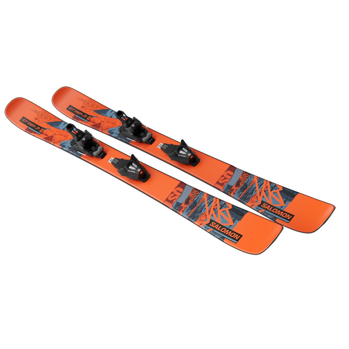 Salomon QST Spark Junior Skis with C5 GW Bindings 2025 - A pair of orange skis with blue and black graphics, featuring a distinctive "QST" logo on the top sheet.
