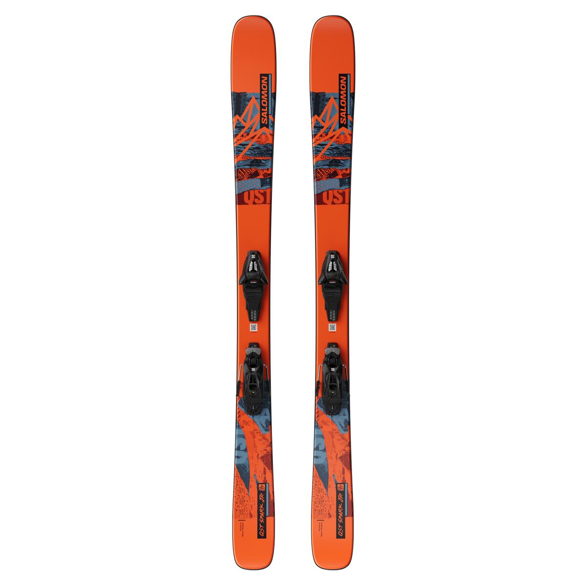 Salomon QST Spark Junior Skis with C5 GW Bindings 2025 - A pair of orange skis with a blue and black graphic design, featuring a mountain range motif.