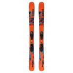 Salomon QST Spark Junior Skis with C5 GW Bindings 2025 - A pair of orange skis with a blue and black graphic design, featuring a mountain range motif.