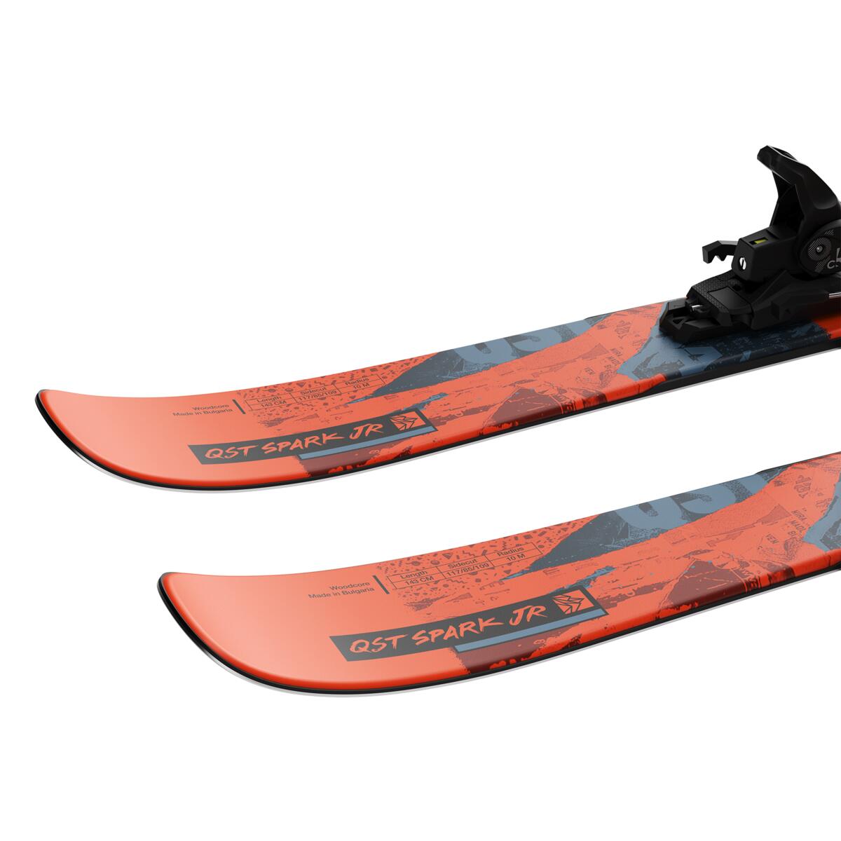 Salomon QST Spark Junior Skis with C5 GW Bindings 2025 - A pair of skis with a red base and black accents, featuring a distinctive pattern on the top sheet.