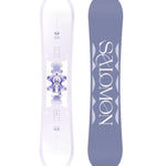 Salomon Women's Lotus Snowboard 2025 - A white snowboard with a purple graphic of a woman in a lotus position on top of a mountain peak.