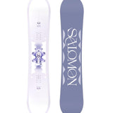 Salomon Women's Lotus Snowboard 2025 - A white snowboard with a purple graphic of a woman in a lotus position on top of a mountain peak.
