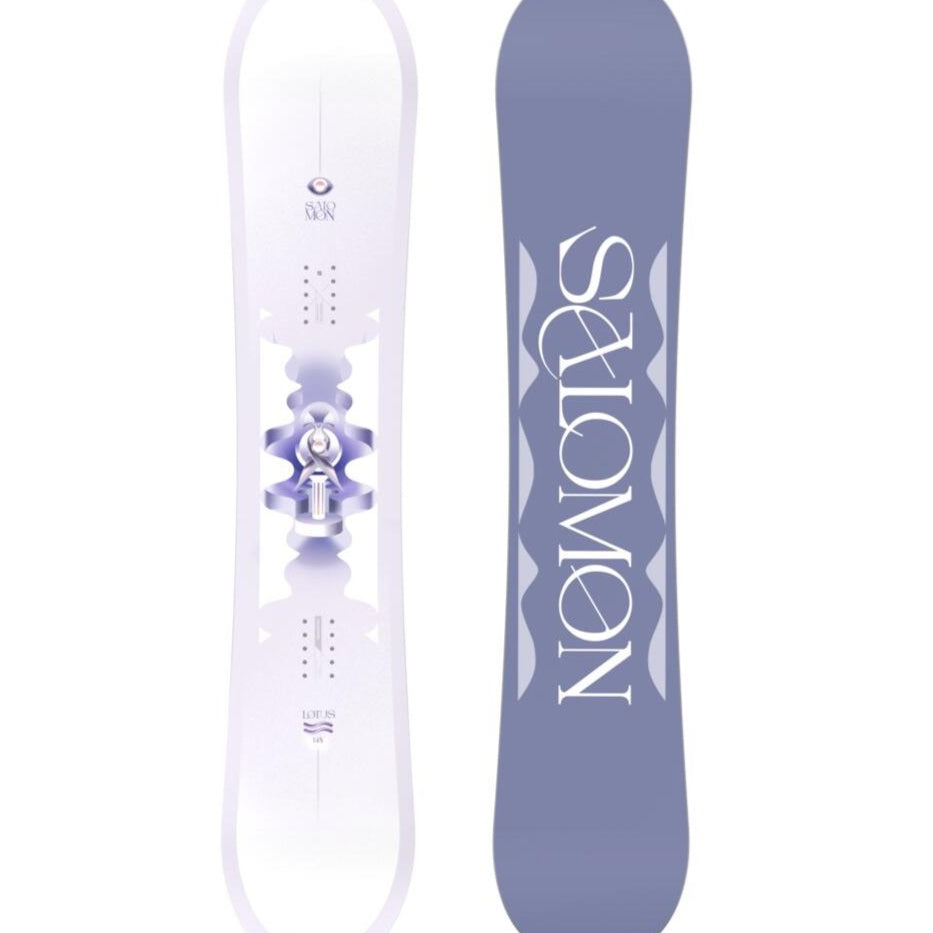 Salomon Women's Lotus Snowboard 2025 - A white snowboard with a purple graphic of a woman in a lotus position on top of a mountain peak.