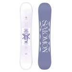 Salomon Women's Lotus Snowboard 2026 - A white snowboard with a purple logo and text on top, featuring a purple graphic of a woman in a flowing dress.