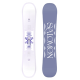 Salomon Women's Lotus Snowboard 2026 - A white snowboard with a purple logo and text on top, featuring a purple graphic of a woman in a flowing dress.