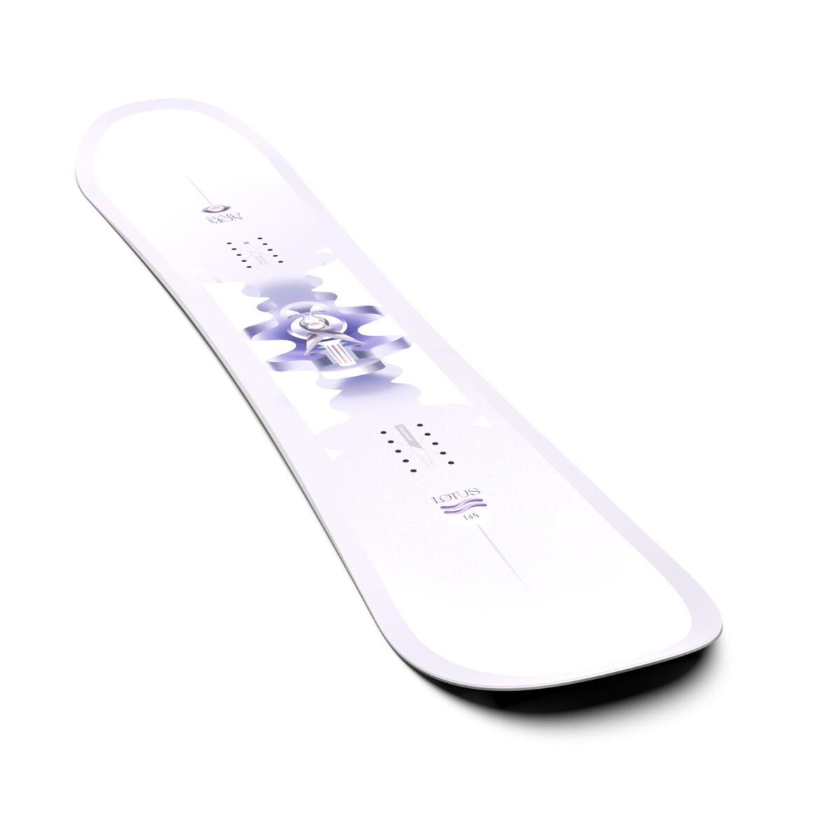 Salomon Women's Lotus Snowboard 2025 - White snowboard with purple flower graphic on top sheet.