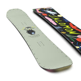 Salomon Abstract Snowboard 2025 - A black snowboard with a colorful abstract design featuring pink, blue, yellow, and red shapes on a dark background.
