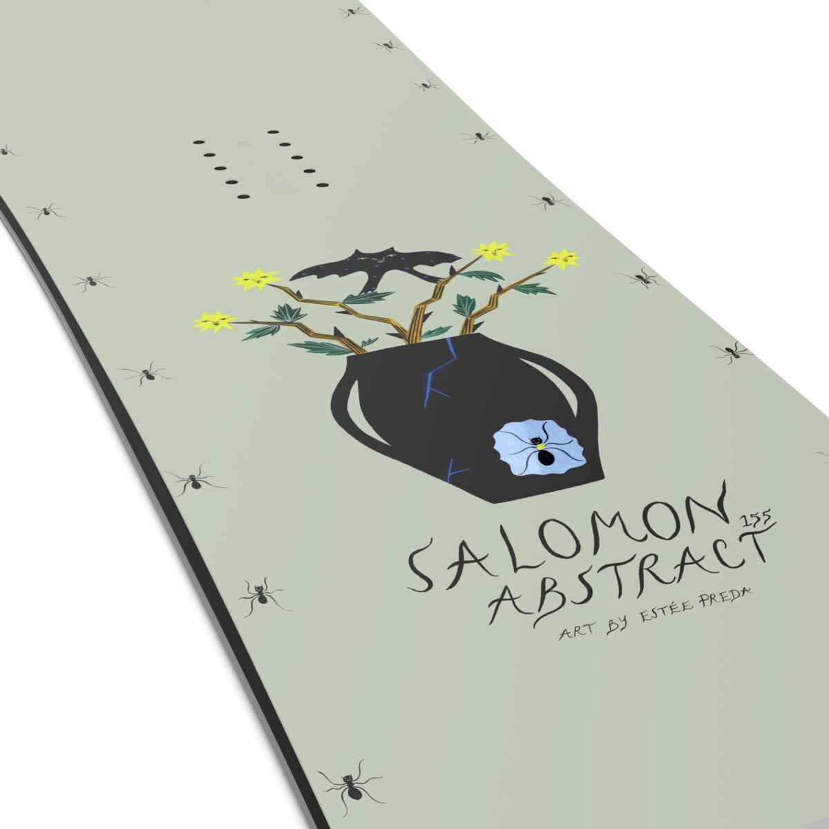 Salomon Abstract Snowboard 2025 - A black snowboard with a white flower design on its bottom right corner.