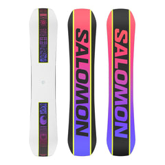 Salomon Huck Knife Snowboard 2025 - A snowboard with a black base and pink lettering that reads "SALOMON" on the top side.