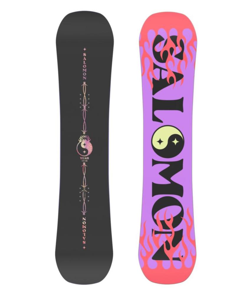 Salomon Junior Oh Yeah Grom Snowboard 2025 - A black snowboard with a pink and white logo featuring a smiling face and the words "Oh Yeah" in cursive script.
